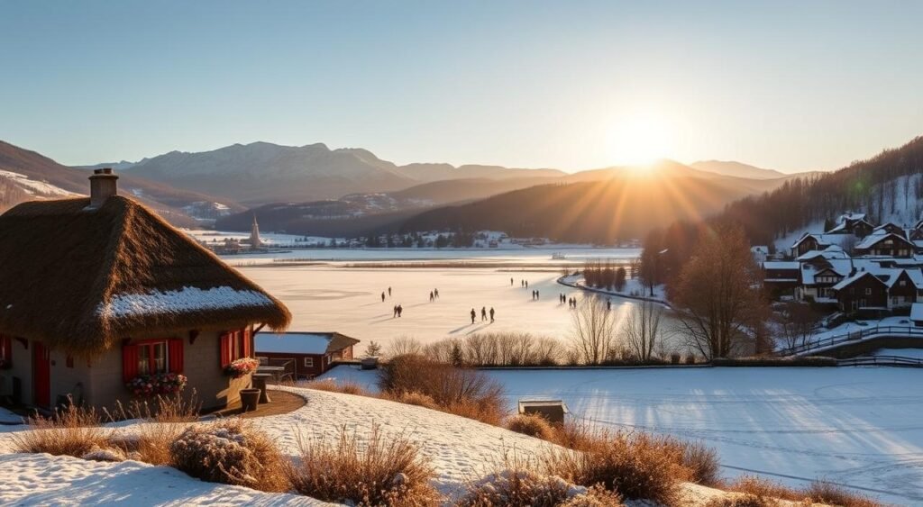 A serene landscape of a quaint village nestled among rolling hills, bathed in the soft, golden light of the winter sun. In the foreground, a cozy cottage with a thatched roof and colorful window boxes, surrounded by a dusting of pristine snow. In the middle ground, a frozen lake reflects the tranquil scene, its surface dotted with ice skaters gliding gracefully. In the distance, a cluster of snow-capped mountains rises majestically, creating a picturesque backdrop. The overall atmosphere conveys a sense of peaceful tranquility and enchantment, inviting the viewer to explore this charming, budget-friendly winter destination.