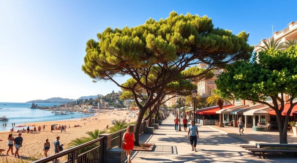 A serene, picturesque coastal town nestled in a temperate, mild climate. Gentle ocean breezes caress the sun-dappled promenade, where tourists stroll leisurely, savoring the pleasant warmth. Lush, verdant trees line the streets, casting soft shadows upon the charming, historic architecture. In the distance, a azure sky stretches overhead, free of oppressive heat or bitter cold. Families relax on the sandy beaches, children playing in the calm, crystalline waters. The perfect, idyllic setting for a relaxing, revitalizing getaway, free from the extremes of weather.