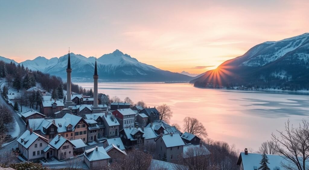 A serene winter landscape showcasing the most enchanting European destinations for the season. In the foreground, a charming snow-covered village with quaint cottages, cobblestone streets, and a picturesque town square. The middle ground features a majestic snow-capped mountain range, its peaks piercing the crisp, clear sky. In the background, a frozen lake reflects the vibrant colors of the setting sun, creating a warm, magical glow. The scene is illuminated by soft, diffused lighting, evoking a cozy, inviting atmosphere. The composition emphasizes the natural beauty, historic charm, and winter wonderland ambiance of the top European travel destinations for this time of year. A serene winter landscape showcasing the mostأفضل الدول الأوروبية للسياحة enchanting European destinations for the season. In the foreground, a charming snow-covered village with quaint cottages, cobblestone streets, and a picturesque town square. The middle ground features a majestic snow-capped mountain range, its peaks piercing the crisp, clear sky. In the background, a frozen lake reflects the vibrant colors of the setting sun, creating a warm, magical glow. The scene is illuminated by soft, diffused lighting, evoking a cozy, inviting atmosphere. The composition emphasizes the natural beauty, historic charm, and winter wonderland ambiance of the top European travel destinations for this time of year.