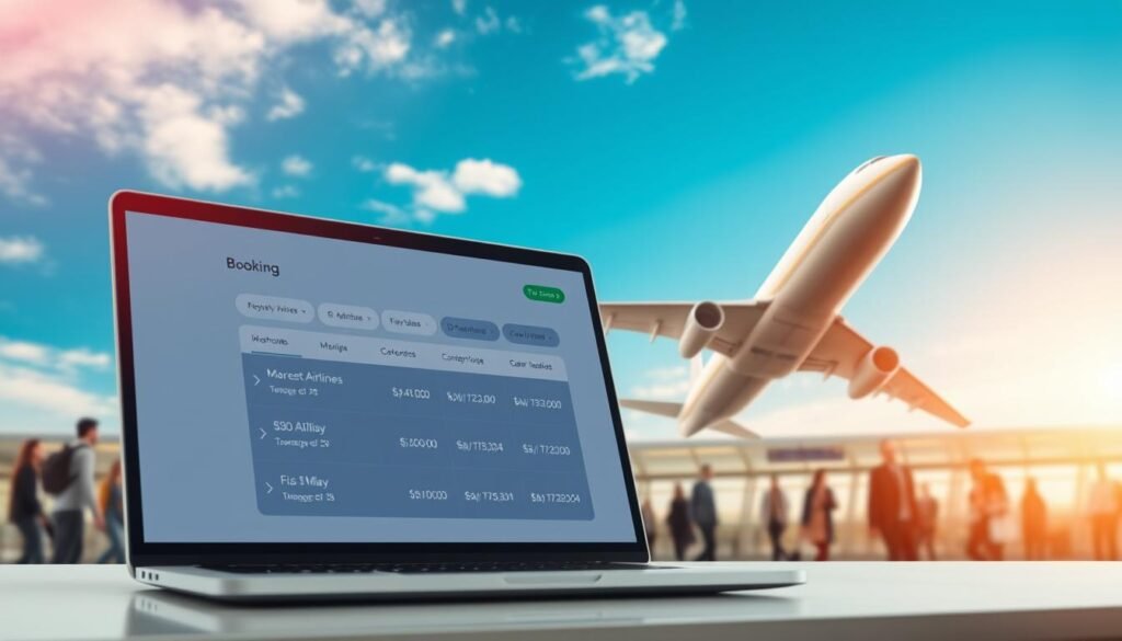 A sleek, modern airplane soaring against a vibrant blue sky, its wings catching the warm sunlight. In the foreground, a laptop screen displays a user-friendly booking interface, showcasing the lowest available airfares from various airlines. The layout is clean and intuitive, inviting the viewer to explore the options. In the background, a bustling airport terminal can be seen, with people hurrying to their gates. The overall atmosphere conveys a sense of efficiency, convenience, and the excitement of planning an affordable travel adventure.