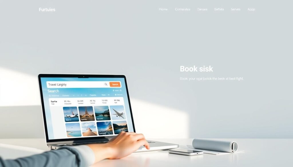 A sleek, modern travel booking website with a clean, minimalist layout. The homepage features a prominent search bar and a grid of popular flight destinations. The background has a soft, gradient color scheme in shades of blue and gray, creating a calming, professional atmosphere. In the foreground, a user is seamlessly navigating the website on a laptop, with a smartphone and travel documents visible on the desk. The lighting is natural and diffused, giving the scene a warm, inviting feel. The overall composition conveys efficiency, reliability, and a user-friendly experience for booking the best flights.
