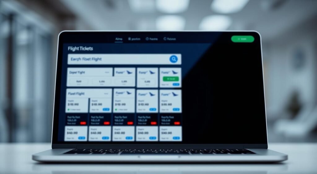 A sleek, modern website interface showcasing online flight ticket booking. In the foreground, a user-friendly search bar and flight selection options, with clean icons and intuitive layout. The middle ground features a grid of flight tickets, each with clear pricing, departure/arrival times, and airline logos. The background blurs into a subtle gradient, creating a sense of depth and focus on the central booking process. The lighting is soft and indirect, highlighting the website's usability and trustworthiness. The overall composition conveys the efficiency and convenience of online flight booking, enticing the viewer to explore further.