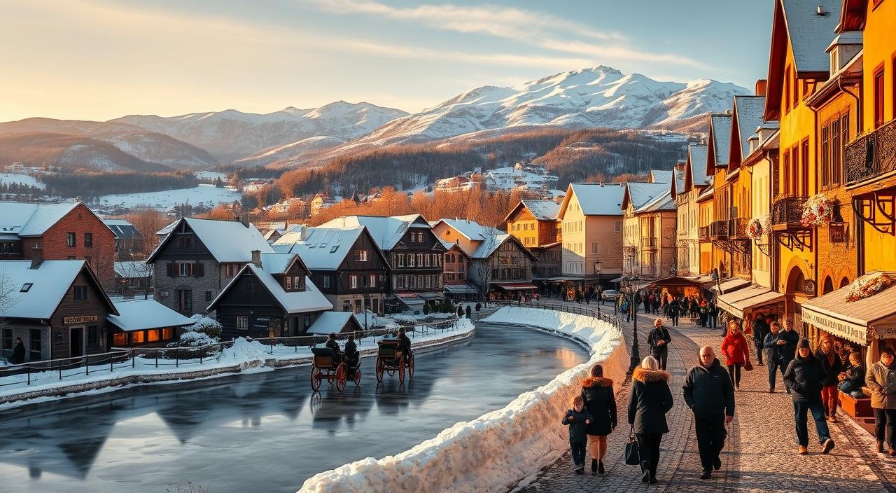 A snow-covered European landscape in the winter, with rolling hills and majestic snow-capped mountains in the background. In the foreground, a charming old-world town with cobblestone streets and quaint buildings adorned with twinkling lights, reflecting in a frozen lake. The scene is bathed in a warm, golden glow from the low winter sun, casting long shadows and creating a cozy, inviting atmosphere. Families stroll along the streets, bundled in warm coats and scarves, while horse-drawn carriages carry passengers through the enchanting winter wonderland. The overall mood is one of tranquility, beauty, and the joy of experiencing the magic of a European winter. أفضل الدول الأوروبية للسياحة في الشتاء