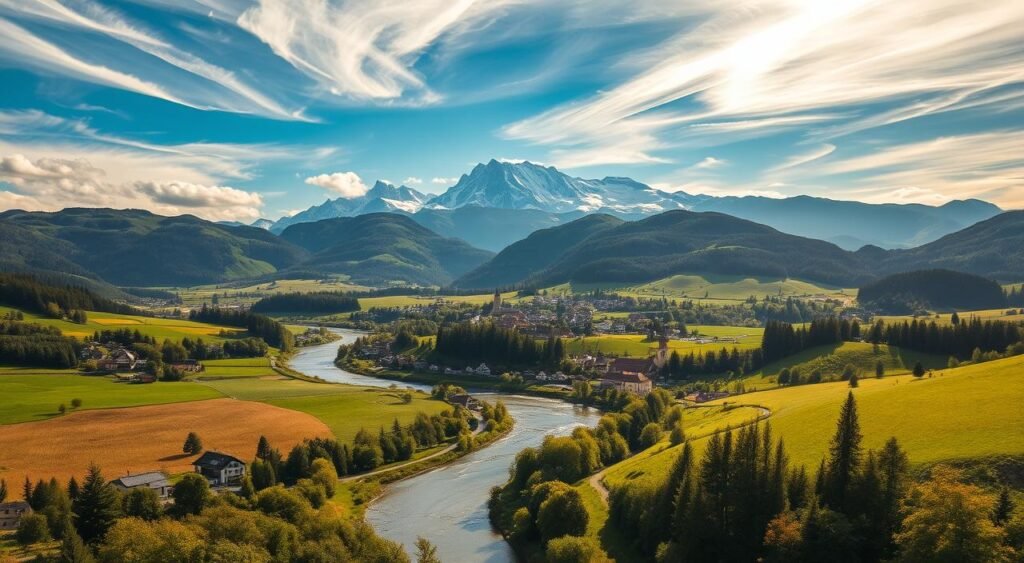 A sprawling, lush European landscape with rolling hills, verdant meadows, and towering snow-capped peaks in the distance. Sunlight filters through wispy clouds, casting a warm, golden glow over the scene. In the foreground, a winding river reflects the surrounding foliage, its gentle currents creating a sense of tranquility. Scattered throughout the middle ground are quaint, storybook villages with charming architecture and cobblestone streets. The background features a majestic mountain range, its jagged silhouette standing tall against the azure sky. This idyllic, picturesque setting exudes a sense of natural beauty, serenity, and the allure of Europe's breathtaking landscapes.