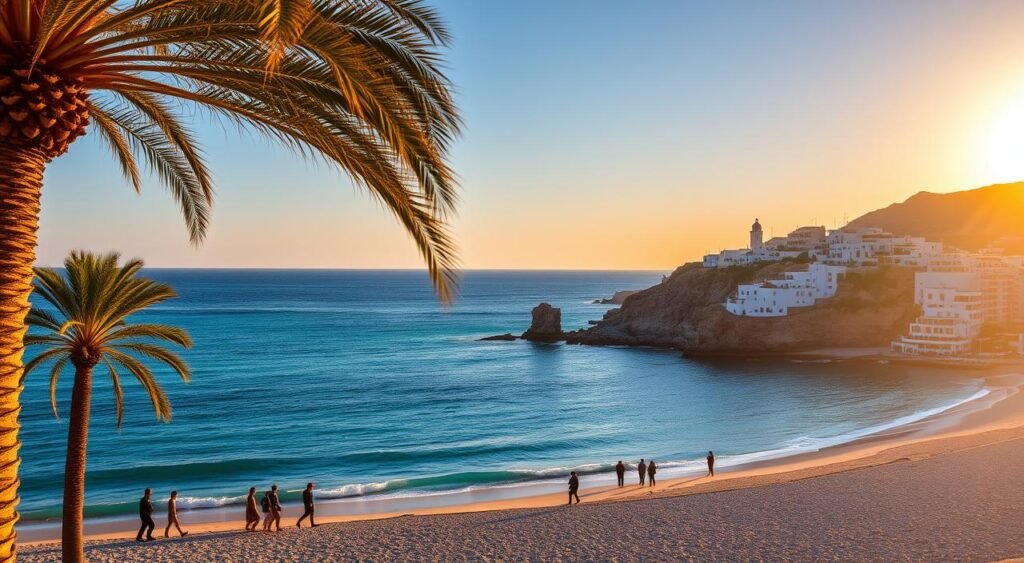 A stunning coastal scene at twilight, with palm trees swaying gently in the cool breeze. The turquoise waters of a serene bay reflect the golden hues of the setting sun, casting a warm glow across the sandy beach. In the foreground, people stroll leisurely, enjoying the tranquil atmosphere. Further in the distance, a cluster of whitewashed buildings with terra-cotta roofs cling to the cliffs, their silhouettes etched against the fading daylight. A sense of peaceful escapism permeates the scene, inviting the viewer to imagine themselves in this idyllic winter getaway. A stunning coastal scene at twilight, with palm trees swaying gently in the cool breeze. The turquoise waters of a serene bay reflect the golden hues of the setting sun, casting a warm glow across the sandy beach. In the foreground, people stroll leisurely, enjoying the tranquil atmosphere. Further in the distance, a cluster of whitewashed buildings with terra-cotta roofs cling to the cliffs, their silhouettes etched against the fading daylight. A sense of peaceful escapism permeates the scene, inviting the viewer to imagine themselves in this idyllic winter getaway.