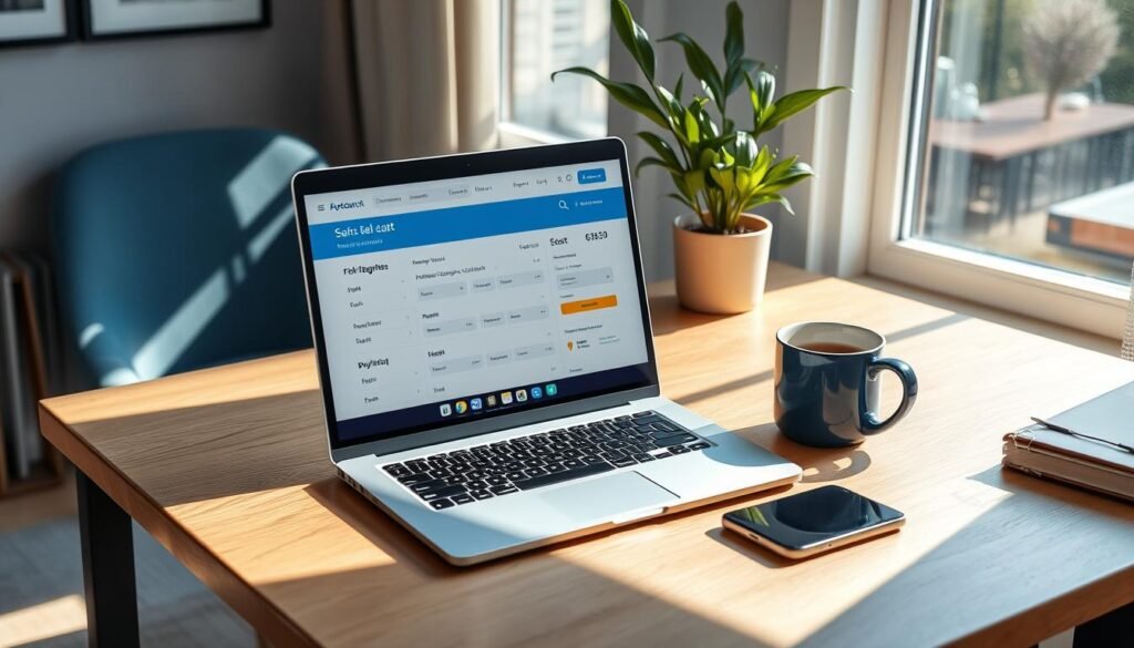 A sun-dappled desk in a cozy German home office, a laptop displaying an online flight booking platform, with flight details, seat selection, and payment options. Sleek, modern design in shades of blue and gray, with a warm, inviting atmosphere. A smartphone and coffee mug nearby, evoking the efficiency and comfort of planning a trip from the comfort of one's own space. The scene conveys the ease and accessibility of booking affordable flights online, setting the stage for practical tips on the process.