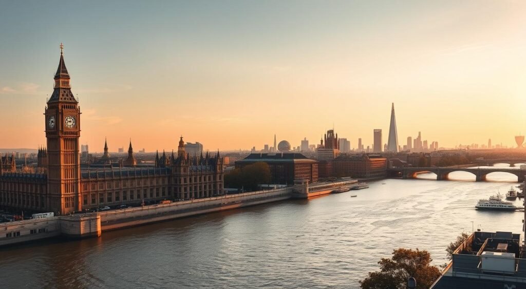 A sweeping panoramic view of London's iconic landmarks, bathed in the warm glow of golden hour. In the foreground, the stately silhouette of Big Ben and the Houses of Parliament rise majestically against a cloudless sky. The middle ground features the graceful curves of the River Thames, with the towering steel-and-glass spires of the City of London skyline in the distance. The image is shot from an elevated perspective, using a wide-angle lens to capture the grandeur and scale of the city's most beloved tourist attractions. The overall mood is one of awe and wonder, inviting the viewer to explore the rich history and vibrant culture of this timeless European metropolis.