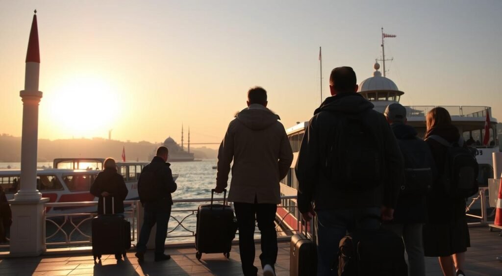 A tranquil landscape featuring the iconic architecture of Istanbul, Turkey, with the majestic Bosphorus Strait in the background. A group of travelers, their faces obscured, stand at the edge of a bustling ferry terminal, their luggage in hand, poised to embark on a journey across the waterway. The warm hues of the setting sun cast a golden glow over the scene, evoking a sense of adventure and anticipation. The image should convey the idea of travel, exploration, and the seamless transition from Turkey to Syria, without the need for a visa.