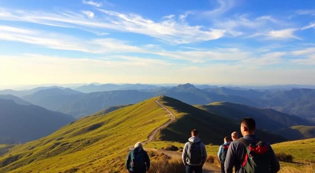A tranquil mountainous landscape in Turkey, with lush green hills and a winding road leading towards the horizon. In the foreground, a group of travelers with backpacks and hiking gear, exploring the scenic route that connects Turkey to Syria. The sky is a vibrant blue, with wispy clouds casting gentle shadows across the terrain. The lighting is soft and golden, creating a warm and inviting atmosphere. In the distance, the faint silhouette of the Syrian border emerges, hinting at the adventure that awaits beyond. The image conveys a sense of freedom, discovery, and the thrill of traveling to a neighboring country without the need for a visa.