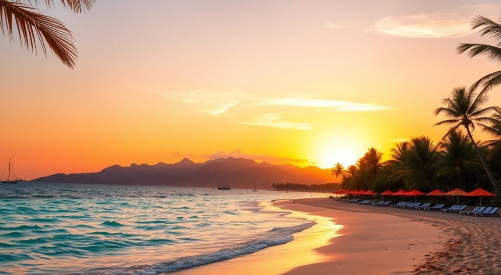 A tropical beach landscape at sunset, with swaying palm trees silhouetted against a vibrant orange sky. In the foreground, crystal-clear turquoise waters lap gently at the golden sand, dotted with colorful umbrellas and sun loungers. Distant mountains rise in the middle ground, their peaks shrouded in wispy clouds. The scene exudes a warm, tranquil atmosphere, inviting the viewer to imagine a serene winter escape in a picturesque, sun-drenched destination. افضل دول سياحية دافئة في الشتاء