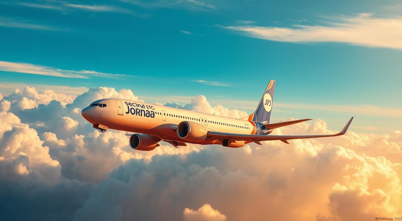 A vibrant aerial scene featuring a commercial passenger aircraft soaring gracefully against a backdrop of fluffy white clouds and a serene blue sky. The plane's sleek fuselage and swept-back wings are bathed in warm, golden sunlight, conveying a sense of motion and dynamism. In the foreground, the aircraft's livery prominently displays the logo and branding of a prominent regional airline, hinting at the seasonal flight deals and discounts on offer for travel from Düsseldorf to Jordan. The composition is balanced and visually striking, with the plane's silhouette set against the expansive, ethereal sky, capturing the excitement and anticipation of embarking on a journey to a new destination. حجز رحلات جوية من دوسلدورف إلى الأردن