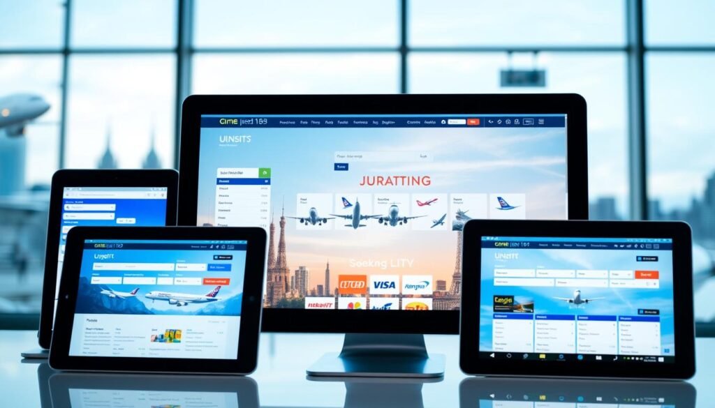 A vibrant and visually engaging image of various airline booking websites displayed on multiple digital devices, with a clean and modern aesthetic. The foreground showcases the websites' user-friendly interfaces, highlighting their navigation menus, search functionalities, and flight selection options. The middle ground features a diverse array of airline logos and branding, reflecting the breadth of reliable transportation options available. The background sets the scene with a soft, blurred cityscape or airport terminal, conveying a sense of global connectivity and the excitement of travel. The overall composition should evoke a sense of trust, convenience, and the ease of planning reliable flights from Germany through reputable online booking platforms.