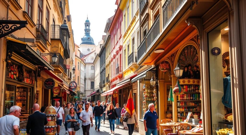 A vibrant, bustling street scene in the heart of Prague's historic Old Town. The famed "Arab Street" (Arabská ulice) is lined with colorful shops, cafes, and people of diverse cultures, creating a lively, multicultural atmosphere. Warm sunlight bathes the narrow, winding road, reflecting off the ornate facades and intricate architectural details. Shopkeepers display their wares, from Middle Eastern spices and textiles to handcrafted trinkets, drawing in curious passersby. Locals and tourists mingle, creating a dynamic, energetic ambiance that embodies the street's storied history and reputation as a hub of international commerce and cultural exchange.