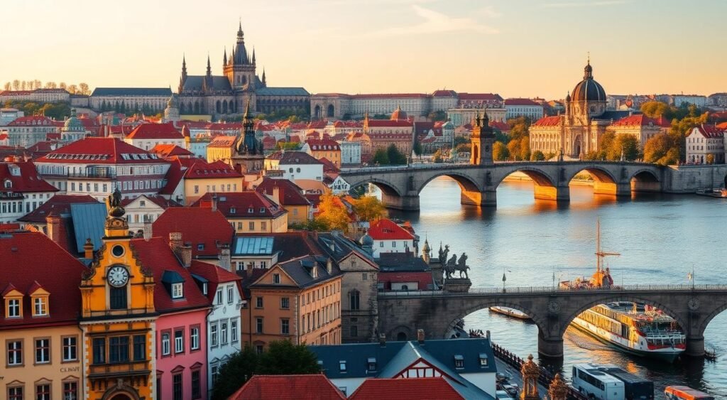 A vibrant cityscape of Prague, the historic capital of the Czech Republic, showcasing its iconic landmarks and picturesque riverside setting. In the foreground, the charming Old Town Square with its colorful baroque buildings, Gothic churches, and the famous Astronomical Clock. In the middle ground, the magnificent Charles Bridge spanning the Vltava River, its stone arches and statues creating a timeless atmosphere. In the background, the imposing silhouette of Prague Castle and St. Vitus Cathedral, their spires and domes reflecting in the calm waters. The scene is bathed in warm, golden afternoon light, creating a welcoming and inviting ambiance perfect for family exploration and discovery.