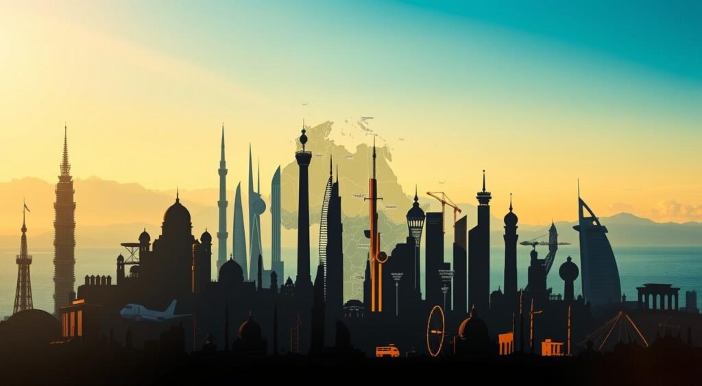 A vibrant collage of famous electronic visa destinationsفيزا إلكترونية للسعوديين for Saudi travelers, captured with a wide-angle lens and warm, natural lighting. The foreground showcases the silhouettes of iconic landmarks from top tourist destinations, while the middle ground features a stylized map highlighting popular visa-free countries. The background subtly blends shades of blue and gold, evoking a sense of worldly sophistication. The overall composition conveys the excitement and wanderlust associated with hassle-free international travel.