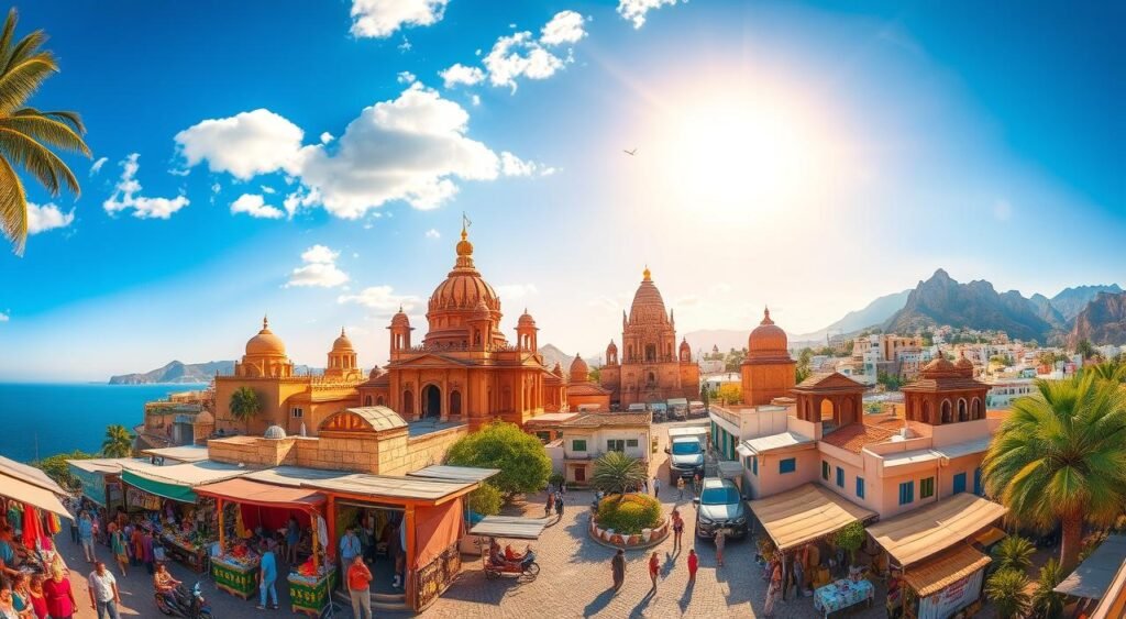 A vibrant collage of sun-drenched landscapes, showcasing a diverse array of affordable summer travel destinations. In the foreground, a bustling street market with colorful stalls selling local wares, bustling with the energy of local life. In the middle ground, iconic architectural landmarks like ancient temples and seaside villas, bathed in warm golden light. The background features breathtaking natural vistas, from serene beaches with swaying palms to rugged mountain peaks. The overall mood is one of adventure, discovery, and the promise of unforgettable experiences without breaking the bank. Captured with a wide-angle lens to immerse the viewer, the scene evokes a sense of wanderlust and the allure of exploring the world's most budget-friendly summer hotspots.