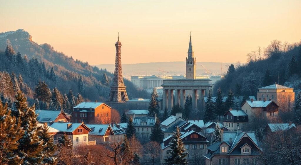 A vibrant, scenic landscape showcasing a selection of temperate countries in December. The foreground features snow-capped mountains, evergreen forests, and cozy European-style villages bathed in warm, golden light. The middle ground displays iconic landmarks like the Eiffel Tower, Big Ben, and the Brandenburg Gate, all dusted with a light layer of powdery snow. The background fades into a hazy, pastel-colored sky, creating a serene, picturesque atmosphere. The overall composition evokes a sense of wintertime charm and the beauty of mild, inviting climates during the holiday season.
