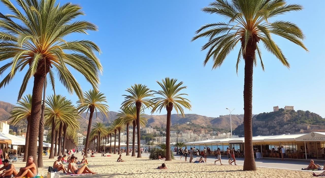 A vibrant, sun-drenched Mediterranean beach scene with palm trees swaying in the gentle breeze. In the foreground, a group of people relaxing on colorful beach towels, soaking up the warmth of the November sun. The middle ground features a bustling seaside promenade lined with open-air cafes and quaint shops. In the background, rolling hills and ancient ruins set against a backdrop of clear, azure skies. The overall atmosphere evokes a sense of tranquility, leisure, and the allure of a premier warm-weather travel destination. أفضل الدول للسفر في نوفمبر وديسمبر