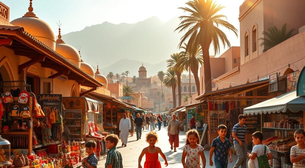 A vibrant, sun-drenched scene depicting a bustling outdoor marketplace in a charming Middle Eastern city. In the foreground, a group of children excitedly explore various colorful stalls, filled with handcrafted toys, traditional textiles, and aromatic spices. The middle ground showcases the iconic architecture of the region, with domed roofs and ornate facades casting warm, golden shadows. In the background, the silhouettes of towering palm trees sway gently, and a towering mountain range rises up, bathed in the soft, hazy light of the afternoon sun. The atmosphere is one of joy, discovery, and cultural immersion, inviting the viewer to imagine the sights, sounds, and flavors of this captivating, budget-friendly travel destination.