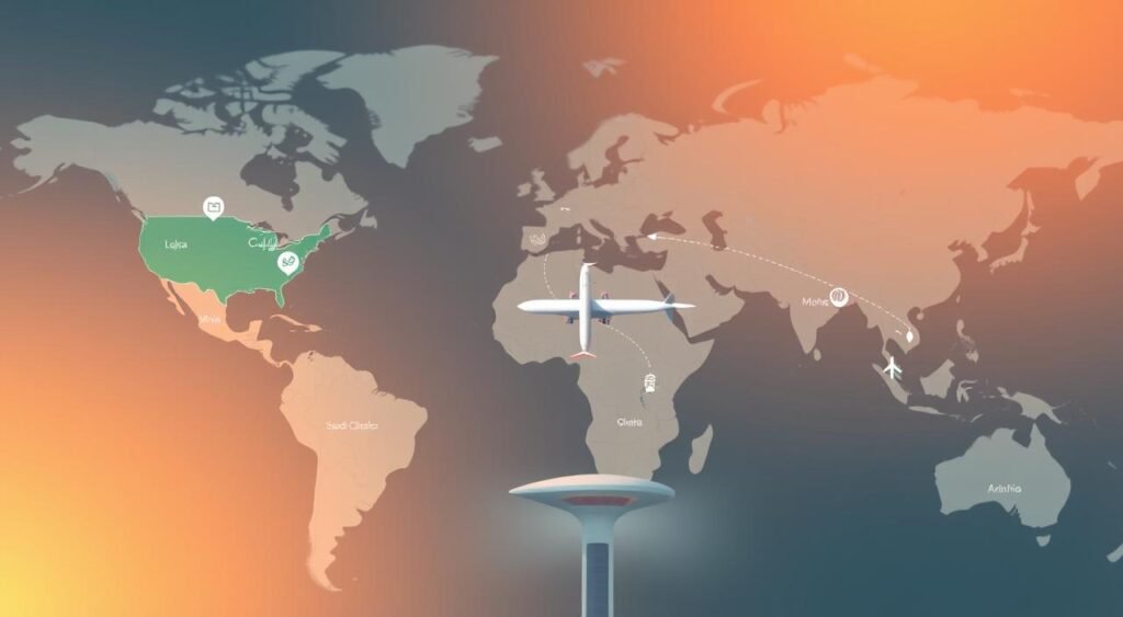 An aerial view of a global map, with several countriesفيزا إلكترونية للسعوديين highlighted in a vibrant color scheme. The countries are labeled with their names, conveying a sense of proximity and accessibility for Saudi citizens. The foreground features a clean and modern design, with minimalist icons and graphics representing the ease of travel without a visa. The middle ground showcases a sleek, futuristic airport terminal, with aircraft taking off and landing, symbolizing the seamless connectivity between the highlighted countries. The background maintains a soft, blurred effect, emphasizing the focus on the central travel destinations. Warm lighting and a subtle gradient create an inviting, aspirational atmosphere, encouraging Saudi travelers to explore the nearby countries with ease.