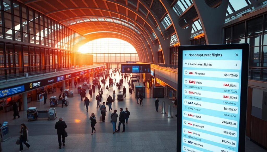 An aerial view of a modern international airport terminal, with sleek glass and steel architecture bathed in warm, golden hour lighting. Passengers hurry along the spacious concourses, navigating a maze of digital departure boards and check-in kiosks. In the foreground, a large digital display shows a list of airline logos and discounted airfares, beckoning travelers to book the cheapest flights. The scene conveys a sense of efficiency and affordability, capturing the essence of budget-conscious air travel.