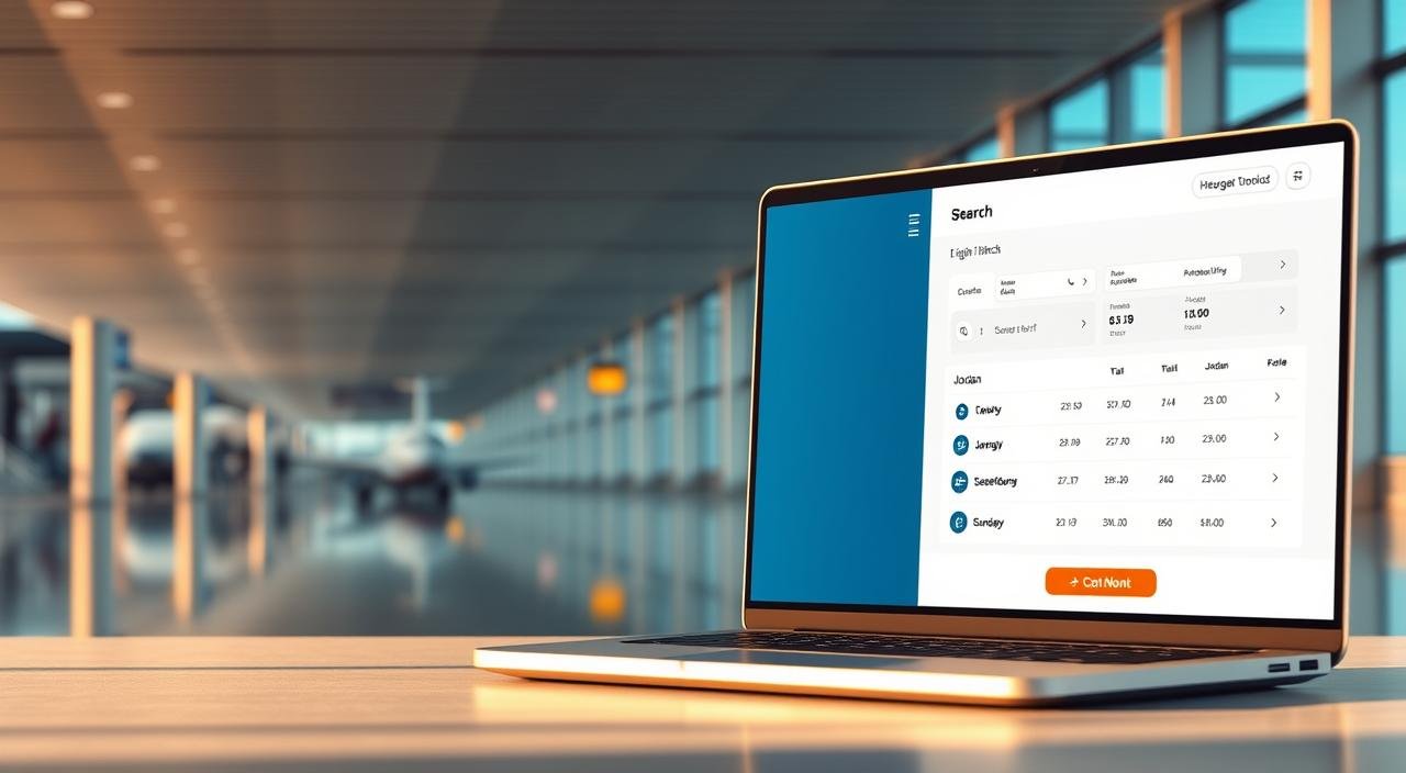An airline booking interface in a sleek, minimalist style. A modern airport terminal in the background, with clean lines and muted colors. In the foreground, a laptop display showing a flight search and booking process, with intuitive UI elements and clean typography. The scene is bathed in warm, natural lighting, creating a sense of calm and efficiency. The overall composition conveys the ease and simplicity of booking a flight from Dusseldorf to Jordan. حجز رحلات جوية من دوسلدورف إلى الأردن