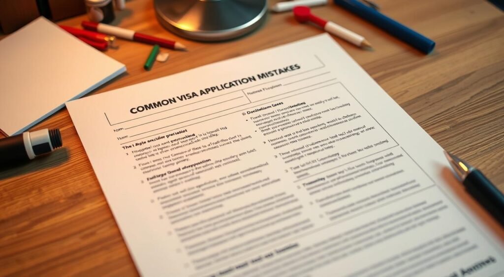 Detailed document filled with common visa application mistakes, placed on a wooden desk with scattered office supplies. Warm, slightly muted lighting creates a sense of professionalism and attention to detail. Crisp focus on the form, with blurred background elements guiding the viewer's eye. Careful arrangement of elements to convey the idea of a problematic visa application process needing guidance and correction.
