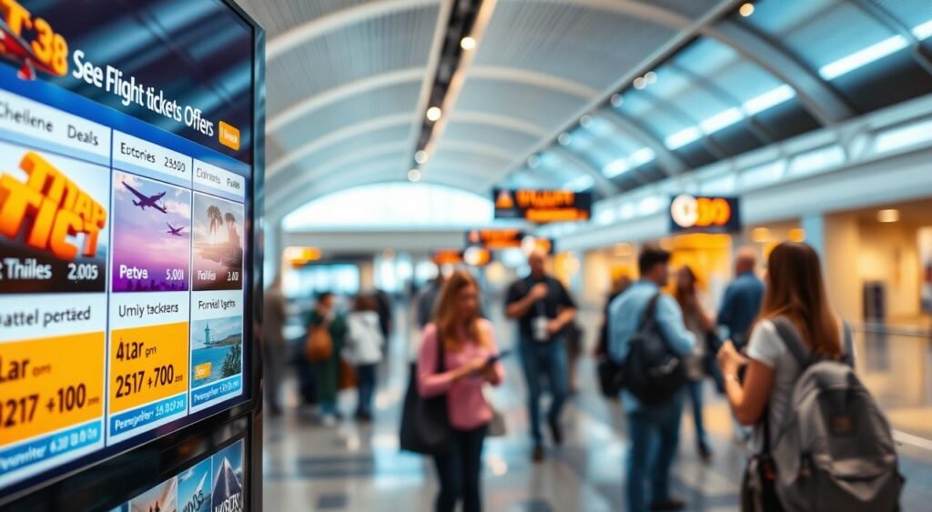 Detailed scene of seasonal flight ticket offers. In the foreground, a vibrant display showcases various flight ticket promotions, with enticing prices and destinations highlighted. The middle ground features travelers eagerly examining their options, comparing deals and planning their trips. In the background, a sleek, modern airport terminal sets the scene, with a warm, inviting lighting that creates a sense of anticipation and excitement. The overall atmosphere conveys the thrill of finding the perfect flight deal, with a focus on the seasonal discounts and loyalty programs that help travelers save the most on their journeys. أرخص حجز طيران من ألمانيا إلى الأردن