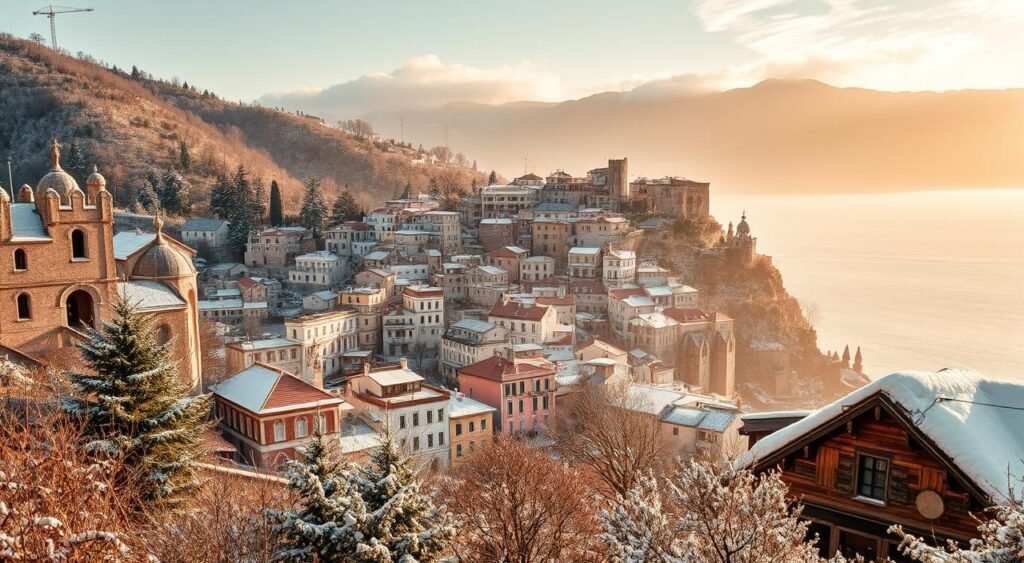 Lush landscapes under a warm winter sun, a picturesque coastal town with vibrant markets, a historic city blanketed in snow - an array of enchanting December destinations await. Capture the essence of your ideal getaway through a cinematic lens: sweeping vistas, cozy cafes, and cultural experiences that transport you. Employ a balanced composition, with a sharp foreground, a hazy middle ground, and a softly blurred background to create depth and atmosphere. Bathe the scene in a golden, romantic glow to evoke a sense of wonder and relaxation. Craft a harmonious, immersive tableau that reflects your personal travel preferences and the magic of winter wanderlust.