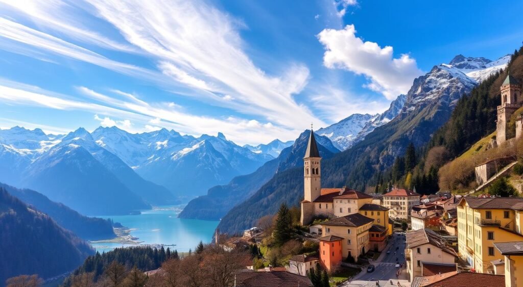 Picturesque landscape of northern Italy, featuring towering snow-capped mountains, serene alpine lakes, and charming medieval villages nestled in the valleys. Capture the grandeur of the Italian Alps, with sunlight filtering through wispy clouds and casting a warm glow over the rugged terrain. Showcase the architectural beauty of the region, highlighting the ornate cathedrals, cobblestone streets, and quaint piazzas that draw visitors from around the world. Convey a sense of tranquility and timelessness, inviting the viewer to immerse themselves in the timeless allure of this stunning corner of Italy.