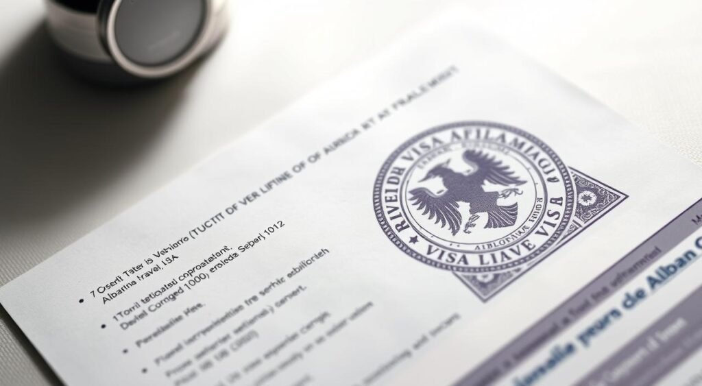 a highly detailed, photorealistic image of an Albanian travel visa application form, with a clear view of the visa stamp and seal. The form should be placed on a desk or table, with a neutral background that emphasizes the document. Lighting should be soft and diffused, creating a sense of professionalism and bureaucratic formality. The visa stamp should be crisp and legible, with intricate patterns and security features visible. The overall composition should convey the essential information and requirements for obtaining an Albanian travel visa, reflecting the subject and title of the article section.