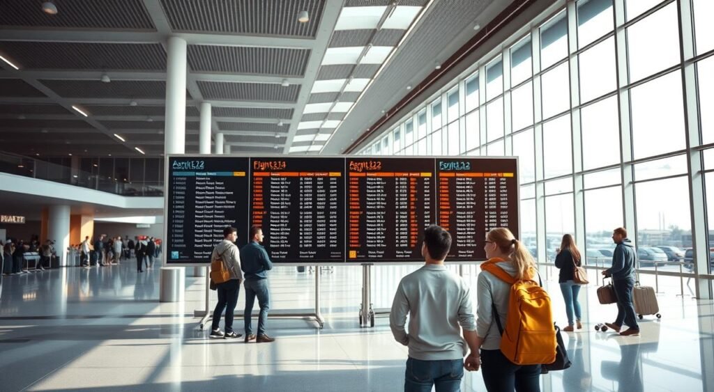 a vibrant, photorealistic image of the cheapest flight bookings to Syria, with a serene and calming atmosphere. The image should feature a large, modern airport terminal in the background, with sleek, minimalist architecture and floor-to-ceiling windows that allow natural light to flood the space. In the foreground, there should be a group of people standing in front of a flight information board, their faces expressing a mix of excitement and anticipation as they plan their trip. The color palette should be muted and subdued, with shades of gray, blue, and white predominating, creating a sense of sophistication and tranquility. The overall composition should be well-balanced and aesthetically pleasing, drawing the viewer's attention to the key elements of the scene.