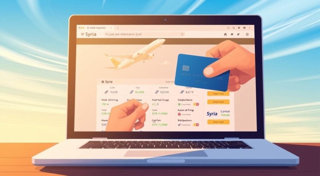 A detailed illustration of booking airline tickets for travel to Syria. In the foreground, an open laptop displays a travel booking website, showing flight options and pricing. In the middle ground, a hand holding a credit card is visible, symbolizing the payment process. The background depicts the outline of a jet plane in flight, with a clear blue sky and wispy clouds. The scene is illuminated by warm, natural lighting, creating a sense of ease and accessibility around the booking process. The overall mood is informative and practical, reflecting the subject matter of securing flights to Syria.