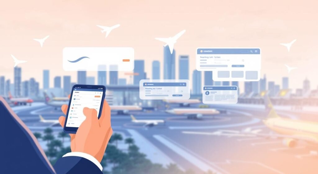 A digital illustration depicting the most effective methods for booking airline tickets. In the foreground, a person is using a mobile device to search for and book a flight online. In the middle ground, various airline logos and booking websites are displayed, representing the diverse options available. In the background, a cityscape with skyscrapers and an airport terminal can be seen, conveying a sense of travel and global connectivity. The scene is illuminated by a warm, ambient light, creating a professional and aspirational atmosphere. The image aims to visually communicate the ease and convenience of modern airline ticket booking.