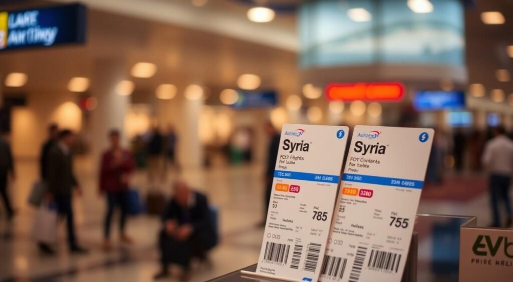 A glass display case showcases airline tickets for flights to Syria. The tickets are neatly arranged, highlighting the different price tiers and destinations. Soft, warm lighting illuminates the scene, creating a welcoming and informative atmosphere. The background is a muted, blurred image of a bustling airport terminal, emphasizing the practical nature of the ticket display. The image conveys the essential details of flight pricing and availability for travel to Syria, presented in a visually appealing and organized manner.