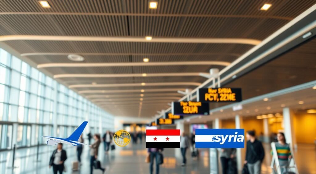 A high-quality photograph of international airline companies offering flights to Syria, captured with a professional camera lens. The image showcases the logos and branding of these airlines prominently displayed in the foreground, against a backdrop of a modern international airport terminal with sleek architecture, busy passengers, and a sense of global connectivity. The lighting is warm and natural, creating a welcoming and inviting atmosphere. The composition is balanced and visually appealing, highlighting the key details that would be of interest to someone seeking to book a flight to Syria.
