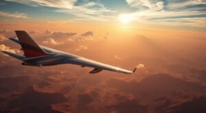 A serene aerial view of a commercial passenger jet soaring gracefully over the rugged landscapes of Syria. The aircraft's sleek silhouette is illuminated by warm, golden sunlight filtering through wispy clouds. In the foreground, the jet's wings cut through the air with precision, while the fuselage glimmers with a metallic sheen. The middle ground reveals the diverse terrain below - rolling hills, meandering rivers, and scattered villages nestled between towering mountain ranges. In the distance, the horizon is tinged with hues of orange and pink, creating a picturesque, tranquil atmosphere. The scene evokes a sense of peaceful, uninterrupted travel, capturing the essence of a comfortable journey to Syria. وزن وحجم الحقائب