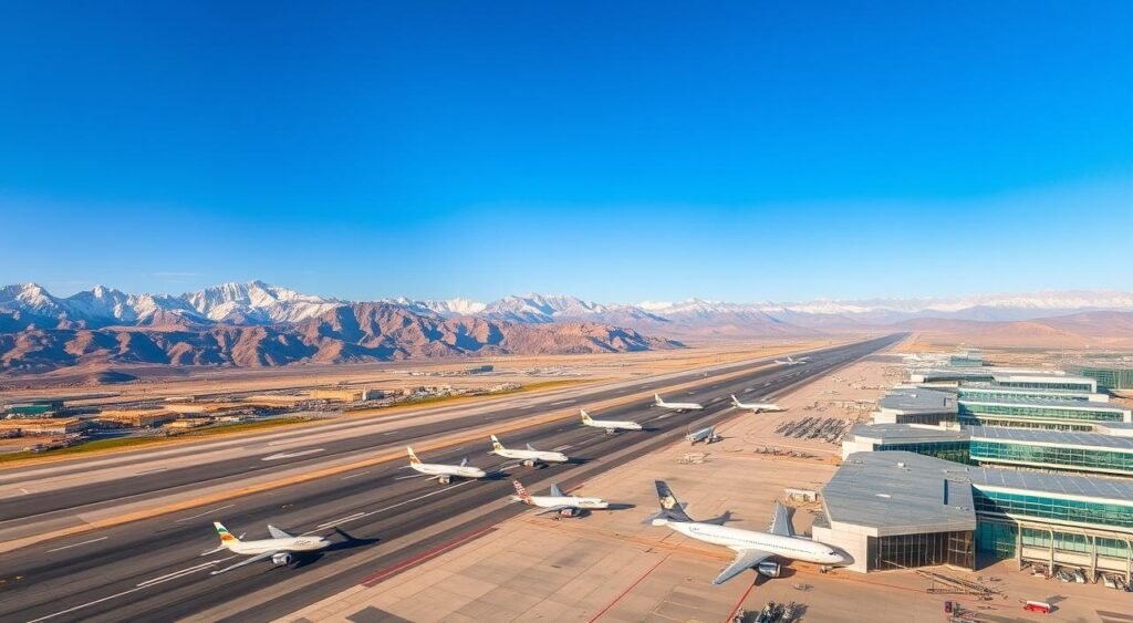 A sweeping aerial view of Syria's principal airports, bathed in warm, golden sunlight. Runways stretch out against a backdrop of rugged, snow-capped mountains, their peaks piercing the clear blue sky. Sleek passenger jets taxi along the tarmac, their fuselages gleaming in the bright light. Bustling terminals are framed by modern, angular architecture, reflecting the country's rich history and ambition. The scene exudes a sense of connectivity, potential, and the promise of travel to this captivating destination.
