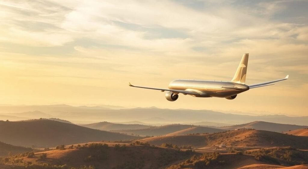 A tranquil sky over the Syrian landscape, with wispy clouds drifting gently. In the foreground, a modern commercial airliner soars gracefully, its sleek silver fuselage gleaming in the warm sunlight. The plane's engines emit a soft, rhythmic hum, conveying a sense of power and efficiency. The background features the rolling hills and lush vegetation characteristic of the region, bathed in a soft, golden glow. The overall scene evokes a sense of travel, connection, and the beauty of the natural world, setting the stage for an informative article on booking flights to Syria from Germany.