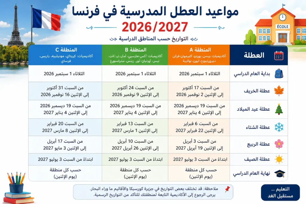 مواعيد عطل المدرسية الفرنسية