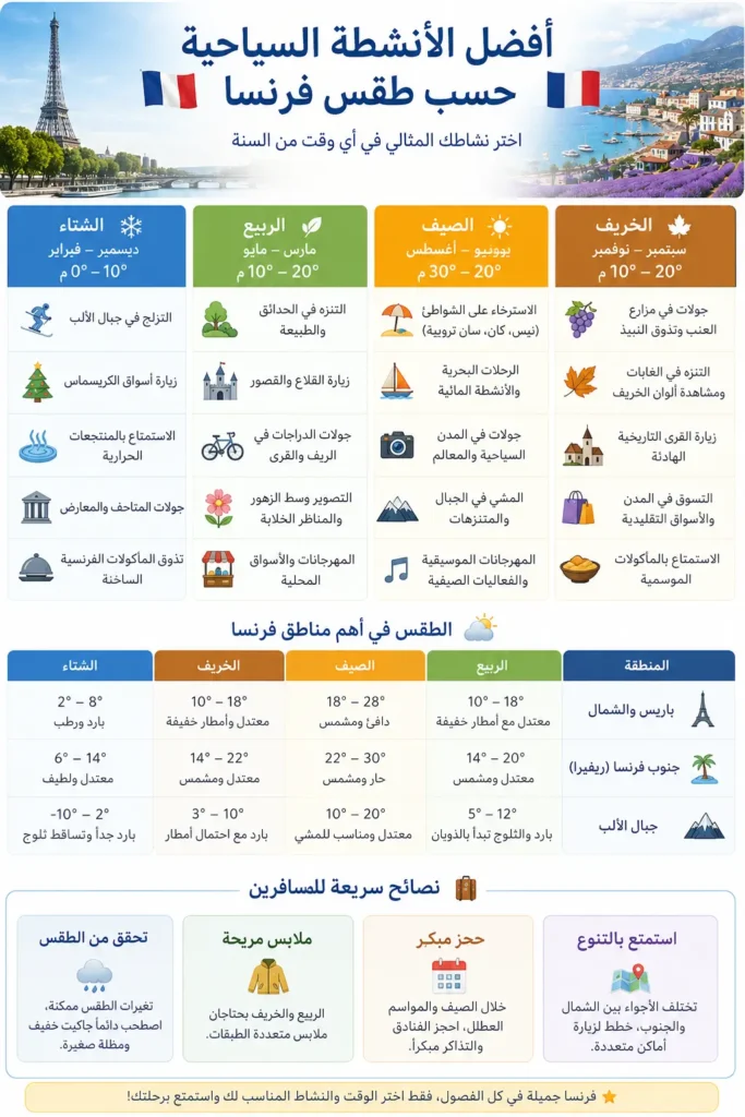 أفضل الانشطة السياحية حسب الطقس في فرنسا بشكل عام