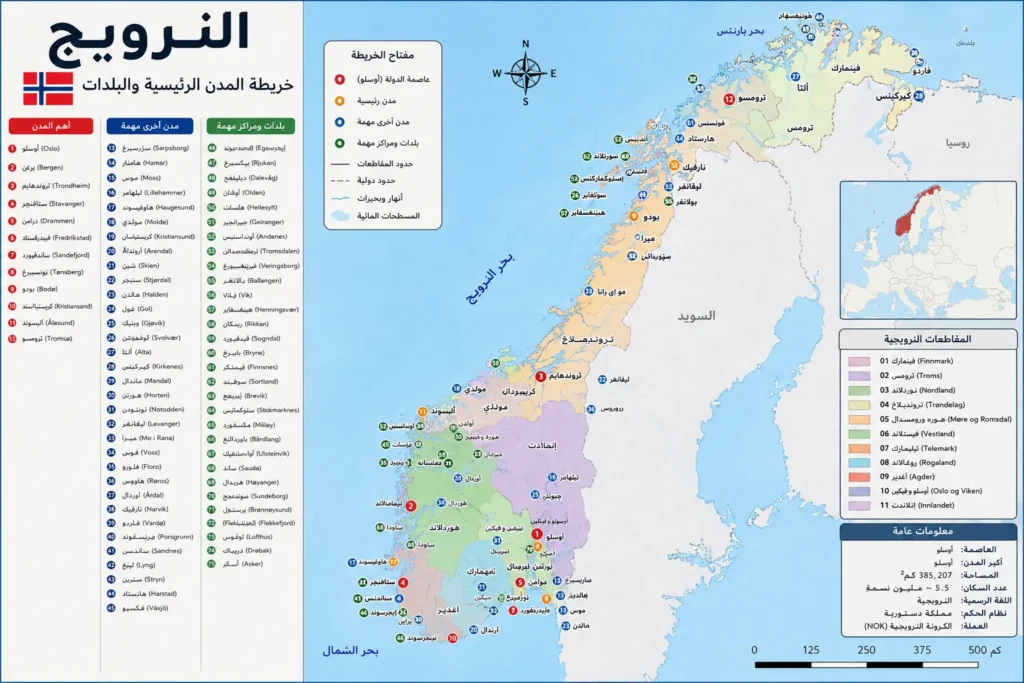 خريطة النرويج مع أسماء المدن بالتفصيل